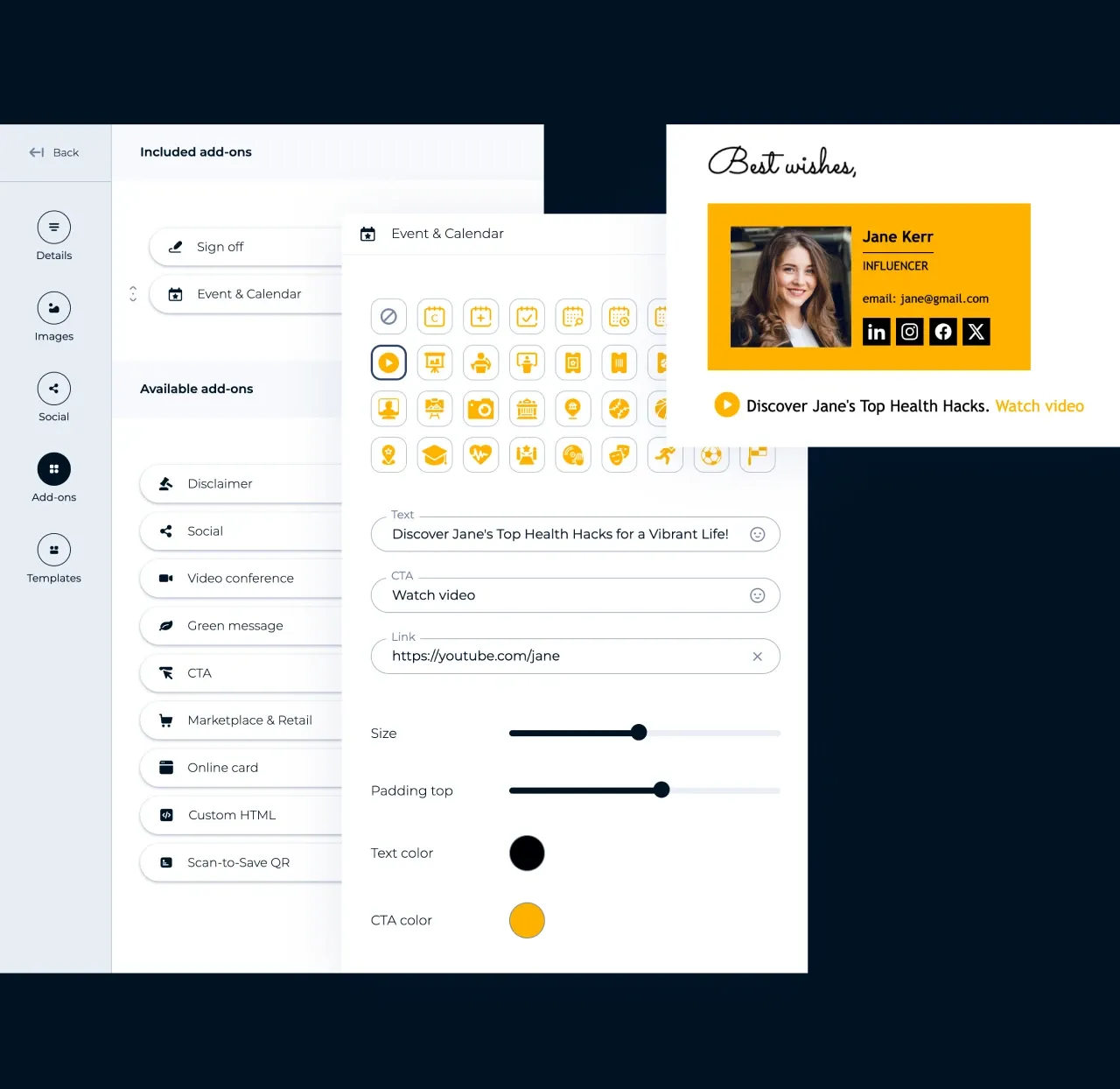Editor de MySignature: la lista de complementos para firmas de correo y el complemento de evento y calendario con un enlace de vídeo