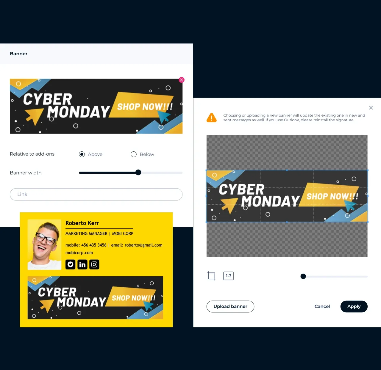 Editor de MySignature: subir y recortar un banner promocional para una firma de correo
