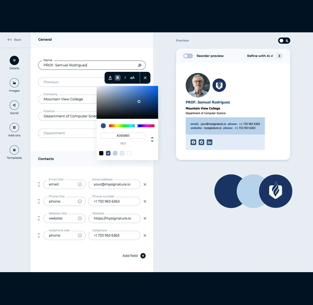 Editor de MySignature: elegir un color personalizado para el nombre de una firma de correo con el selector de color