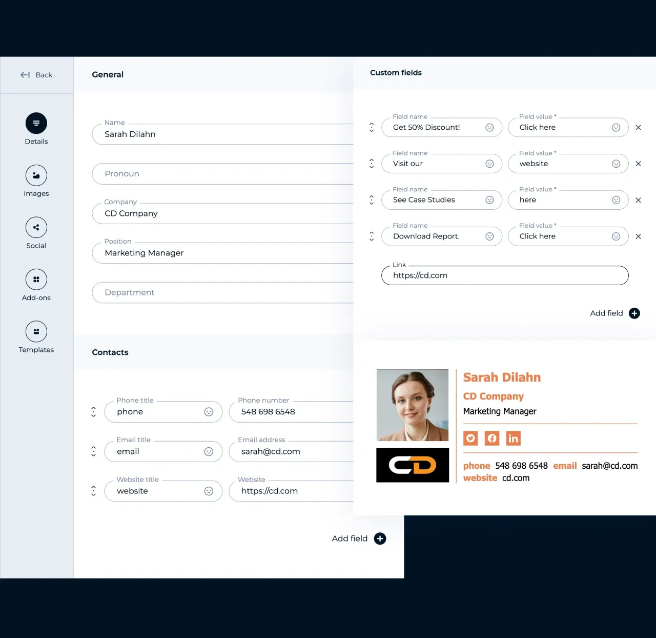 Editor de MySignature: añadir los campos de correo, teléfono, dirección y web a una firma de correo