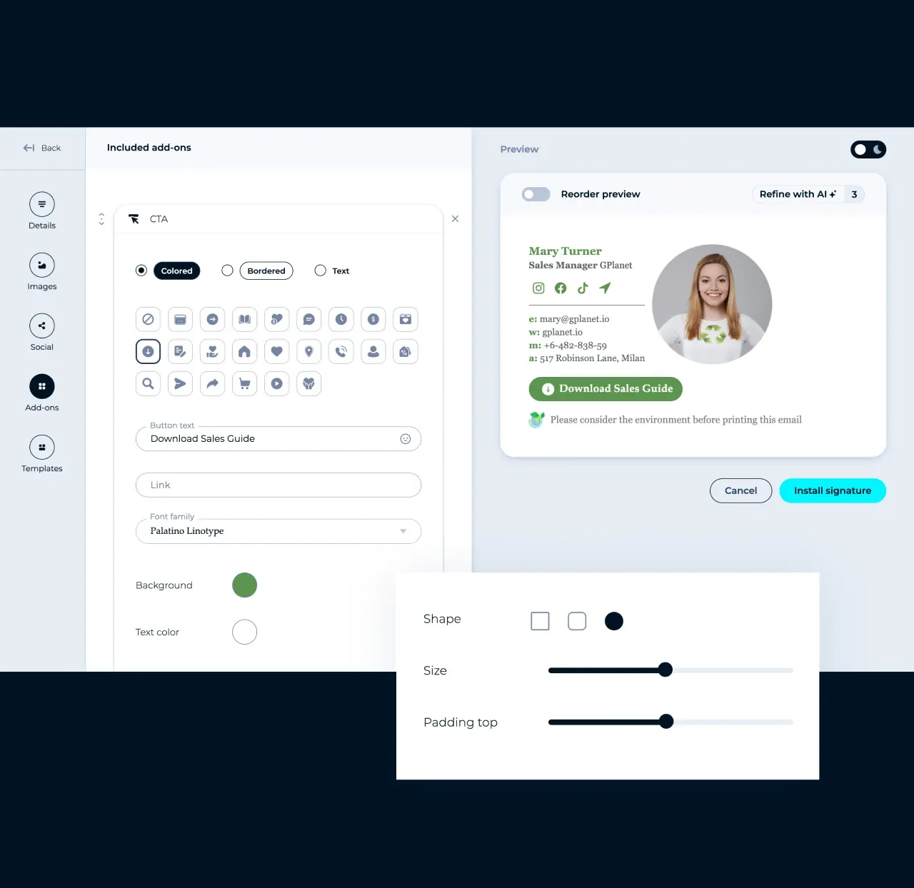 Editor de MySignature: añadir a una firma de correo un botón de CTA con texto y colores personalizados
