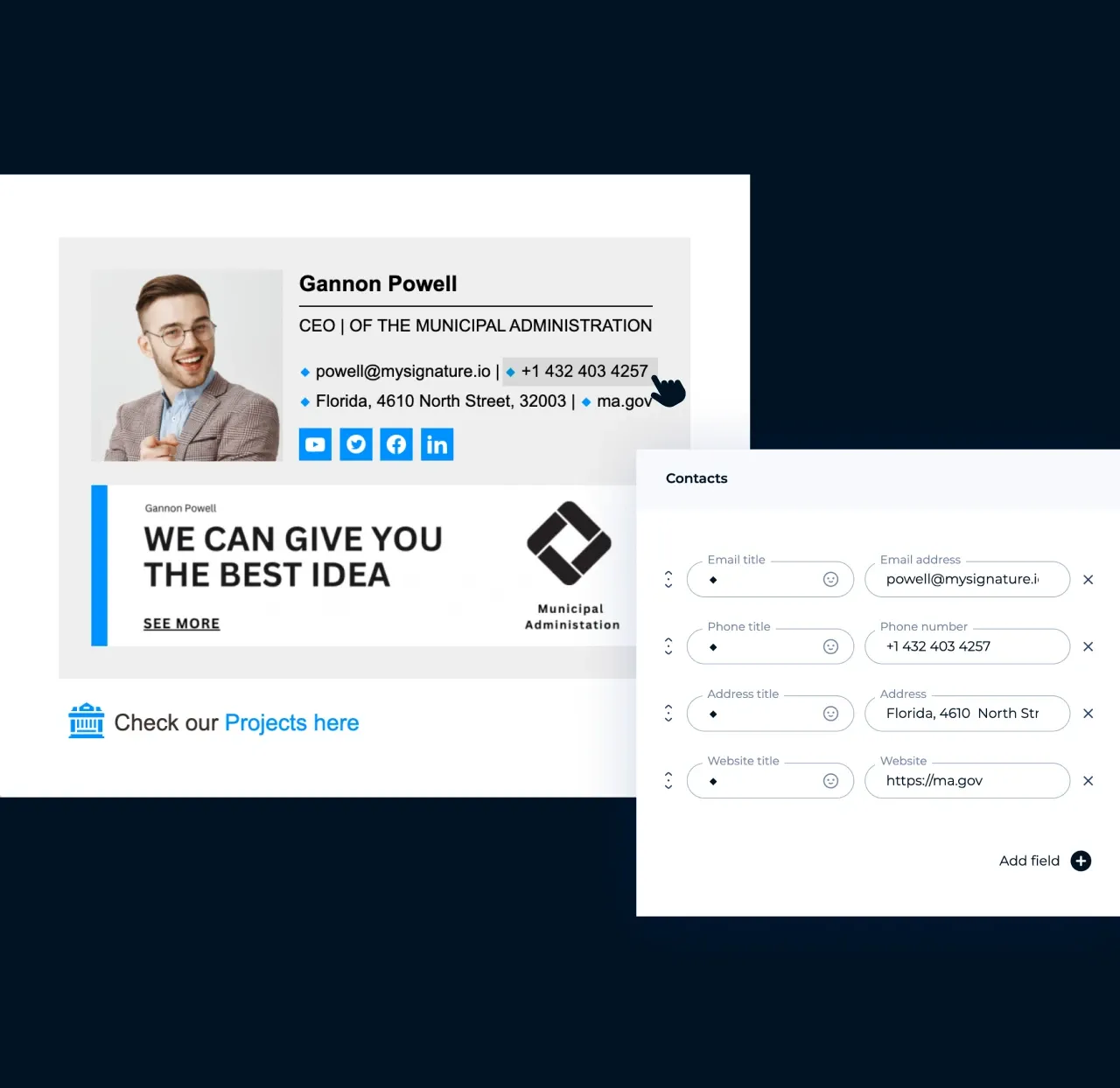 Editor de MySignature: añadir a una firma de correo campos personalizados con enlaces