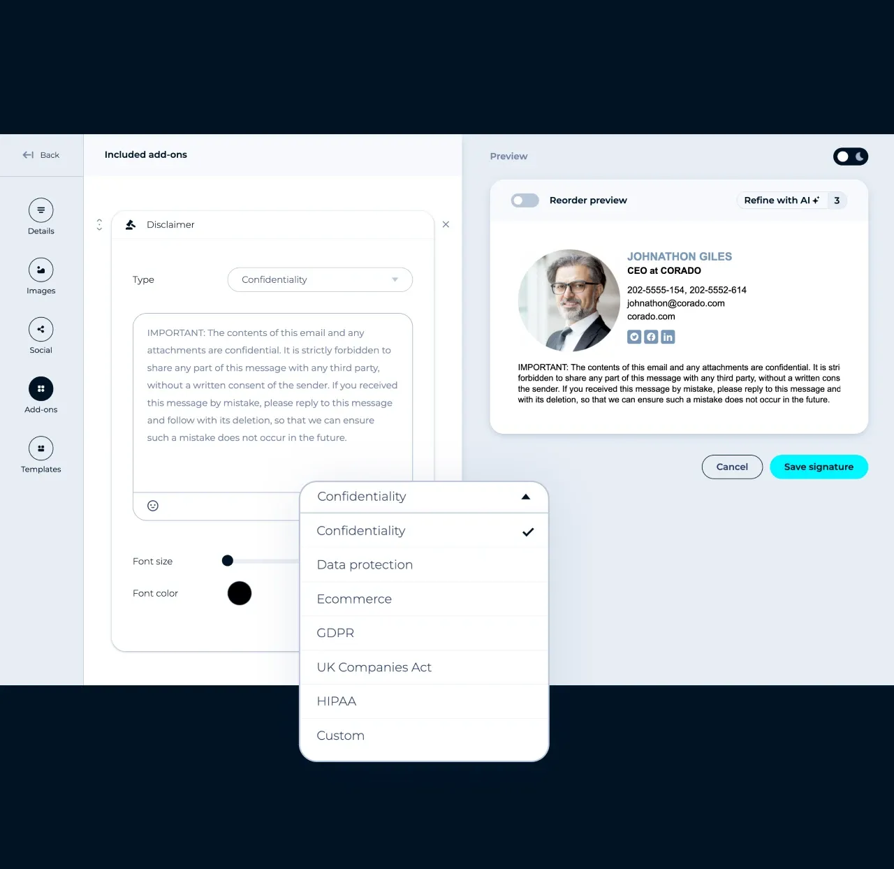 Editor de MySignature: añadir un aviso de confidencialidad a partir de los tipos de aviso ya preparados