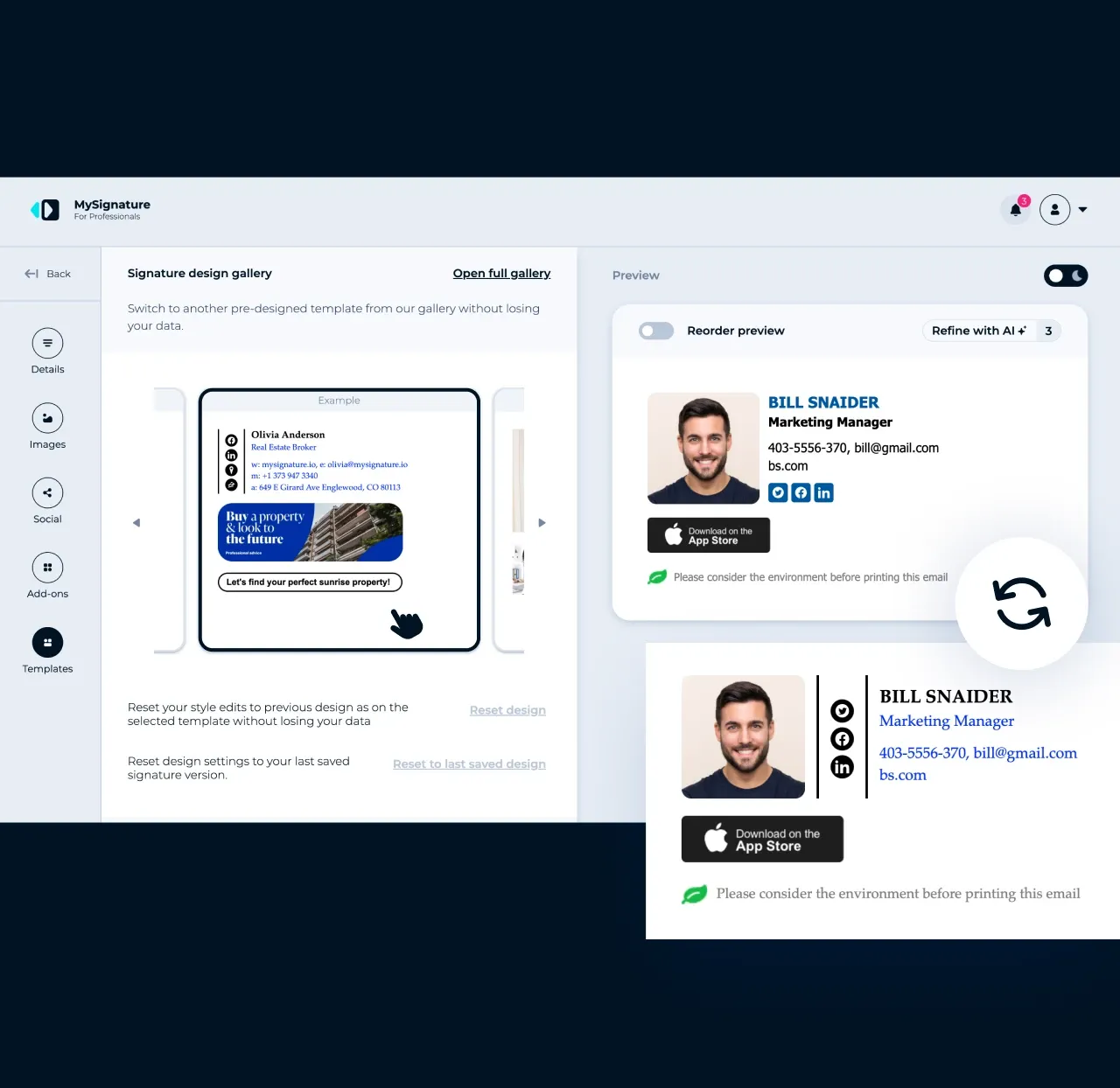 Editor de MySignature: cambiar a otra plantilla desde la galería de diseños de firma sin perder tus datos