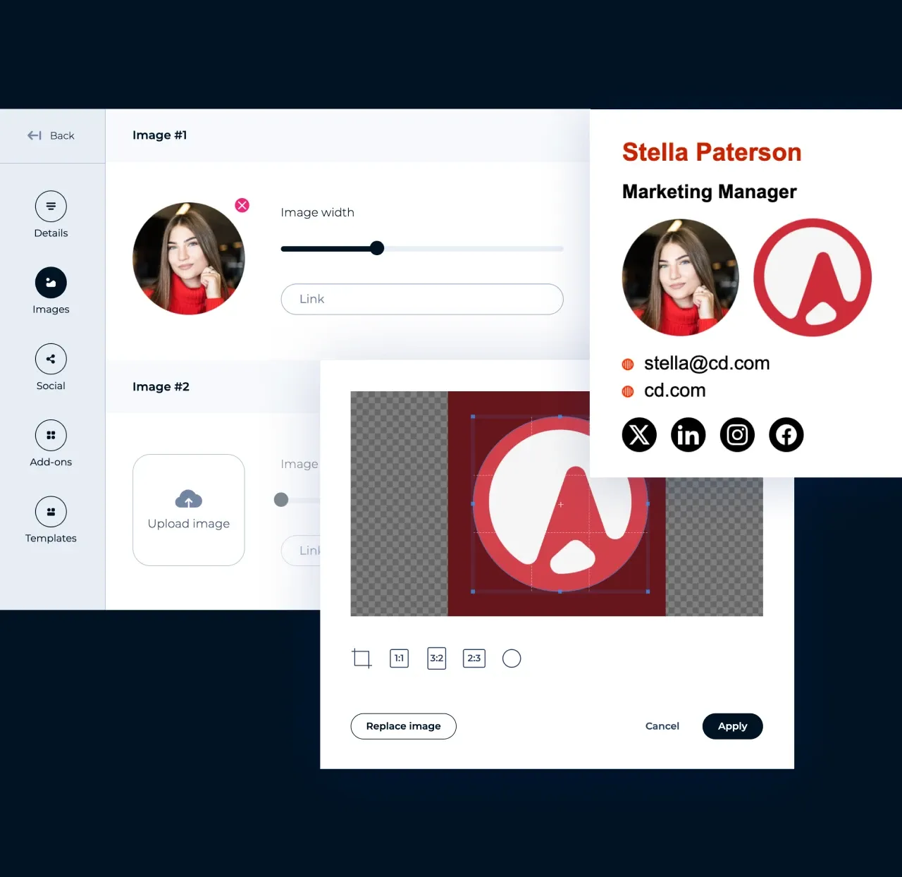 Editor de MySignature: subir y recortar una foto y un logo de empresa para una firma de correo