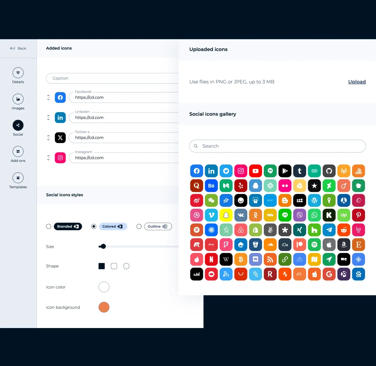 Editor de MySignature: añadir iconos sociales desde la galería de iconos y elegir su estilo y sus colores