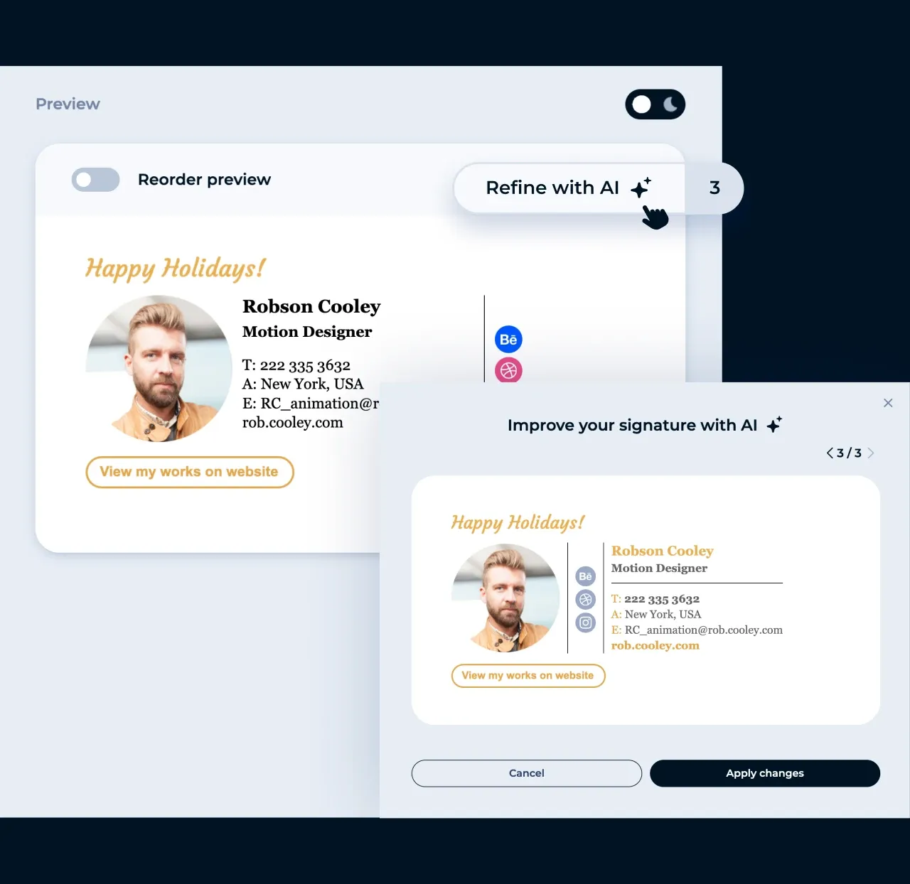 Editor de MySignature: mejorar el diseño de una firma de correo con Mejorar con IA