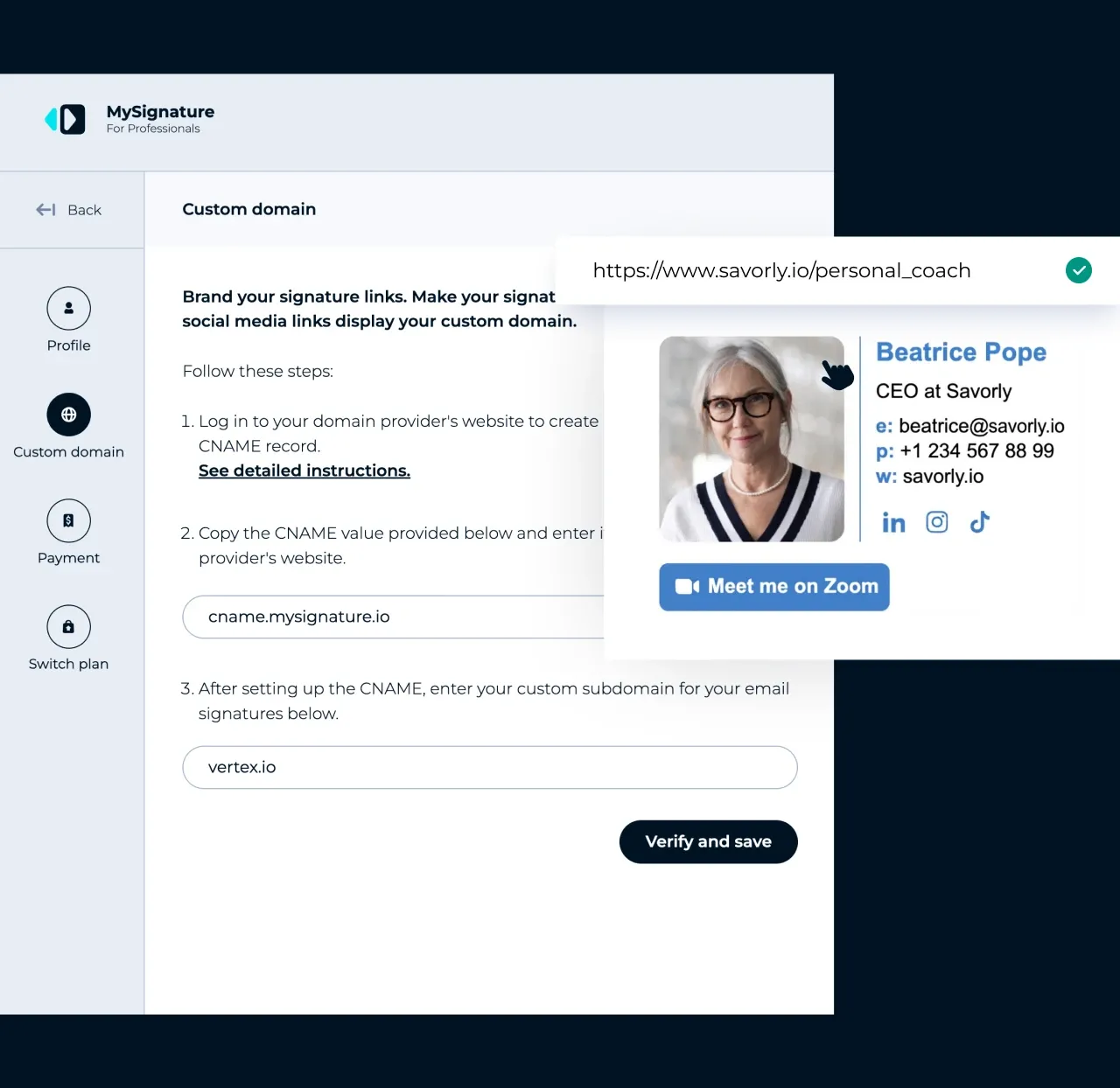 Ajustes de MySignature: conectar un dominio personalizado para que los enlaces de la firma de correo muestren tu propia marca