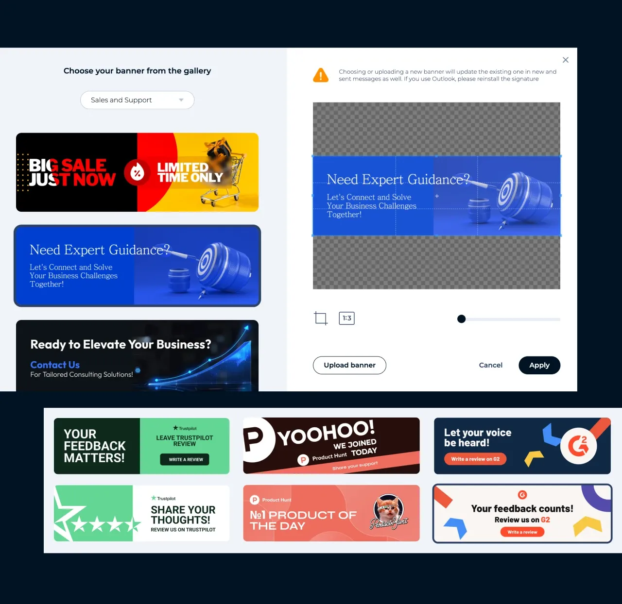 Editor de MySignature: elegir un banner de marketing de la galería y recortarlo para una firma de correo