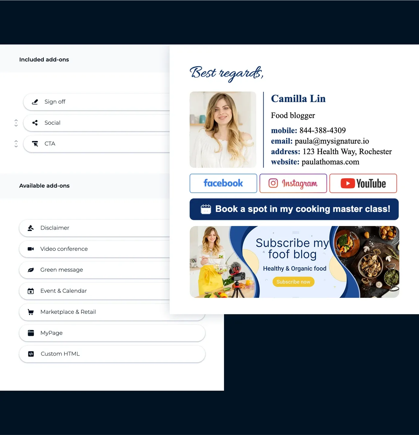 Consejo 2: Agrega íconos clicables y llamados a la acción para una firma de correo efectiva que genere prospectos